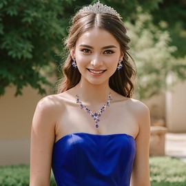 Clearine Wedding Jewellery Set for Women Bride, Y Necklace Dangle Earrings Set Impressive Crystal Teardrop Leaf Flower Cluster Prom Jewellery for Bride Bridesmaid Blue Gold Tone, Crystal