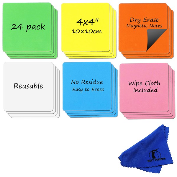 Dry Erase Magnets Set - 24 Pack - 4x4" Whiteboard Magnetic Planning Pads Labels - Small White Board Magnet Strips Name Tags for Home, Office and Classroom