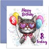 8th Birthday Card for Girl - Cool Cat With Balloons