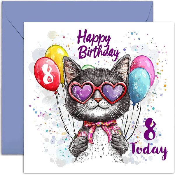 8th Birthday Card for Girl - Cool Cat With Balloons