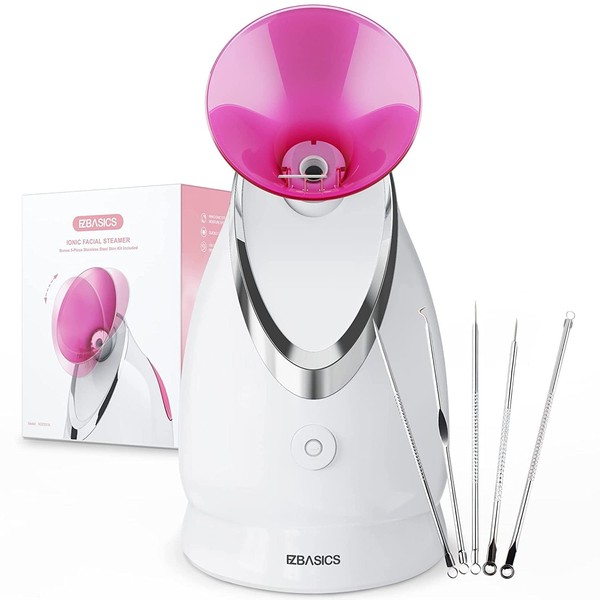EZBASICS Facial Steamer Ionic Face Steamer for Home Facial, Warm Mist Humidifier Atomizer for Face Sauna Spa Sinuses Moisturizing, Unclogs Pores, Bonus Stainless Steel Skin Kit(Pink)