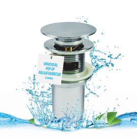 Drain Fitting for Sink with and without Overflow, Click-Clack Valve with Extra Large 68 mm Diameter, Universal for Washbasins and Bidets, Pop Up Drain Valve, Chrome