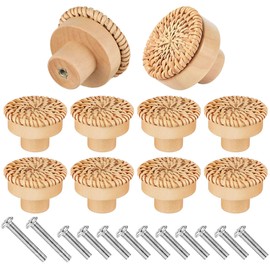YHNTGB 10pcs Boho Rattan Cabinet Knobs Natural Wood Drawer Pulls Handles with 10 Screws for Dresser Handmade Kitchen Furniture Nursery Home DIY Cupboard Wardrobe