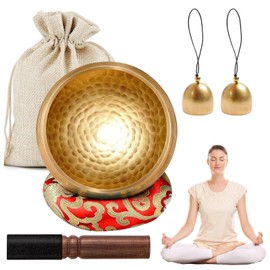 Tibetan Singing Bowl Set, Brass Meditation Singing Bowl, 8.6 cm Diameter, Comes with Wooden Singing Bowl Base, 2 Brass Bells and a Storage Bag, for Yoga, Meditation