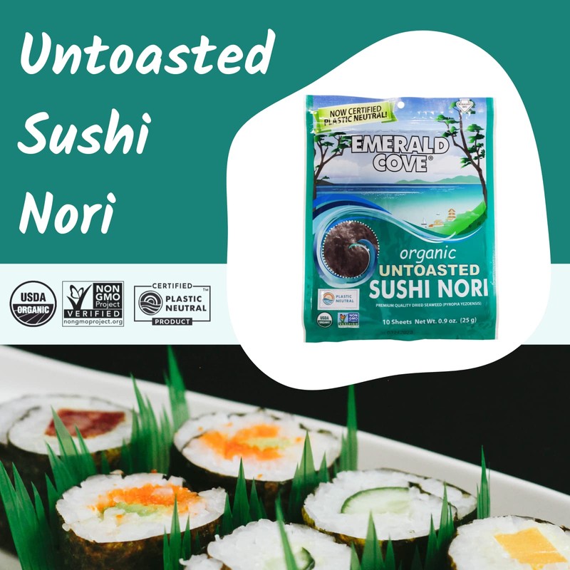 Emerald Cove, Organic Untoasted Nori Sheets Package, 10 Count Sheets,