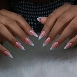 Vopintpy White Gradient French Tip Press on Nails Medium Almond Fake Nails Glue on Nails Glossy Acrylic Stick on Nails for Women