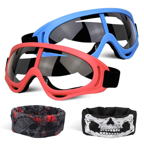 POKONBOY 2 Pack Protective Goggles/Safety Glasses/Motorcycle Eyewear with Bandanas - Compatible with Nerf Game Battle for Kids (Red & Blue)