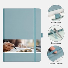 EMSHOI 400 Pages Notebook A5 - Lined Journal 100gsm Thick Notepad, Hardcover Vegan Leather Ruled Note Book Daily for Women Men Work School Office Writing, Sticky Notes, 14.5 x 21cm, Black