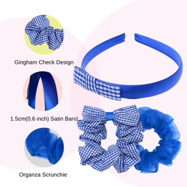 Basic Sense Gingham Check Hair Accessories Set, Hair Scrunchies, Headband, Aliceband for School Uniform, Royal Blue