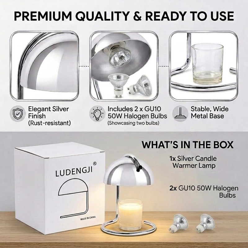 LUDENGJI Modern Candle Warmer Lamp Silver，Wide-Base Scented Candle Warmer with
