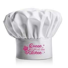 PLIGREAT White Chef Hat Queen of the Kitchen Pink Quote Chef Hat Adjustable Kitchen Cooking Hat Cute Crown Fork Pattern Cooking Cap for Women Mom Wife Grandmother Sister Friend