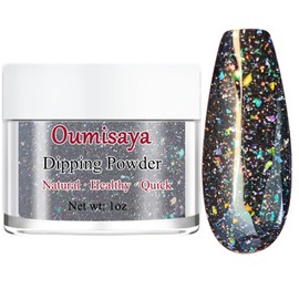 Salon Quality Holographic Glitter Black Nail Dip Powder 1OZ Sparkle Glitters Nail Dipping Powder with Opal Foils, Smooth Fine Powder Easy to use for starters