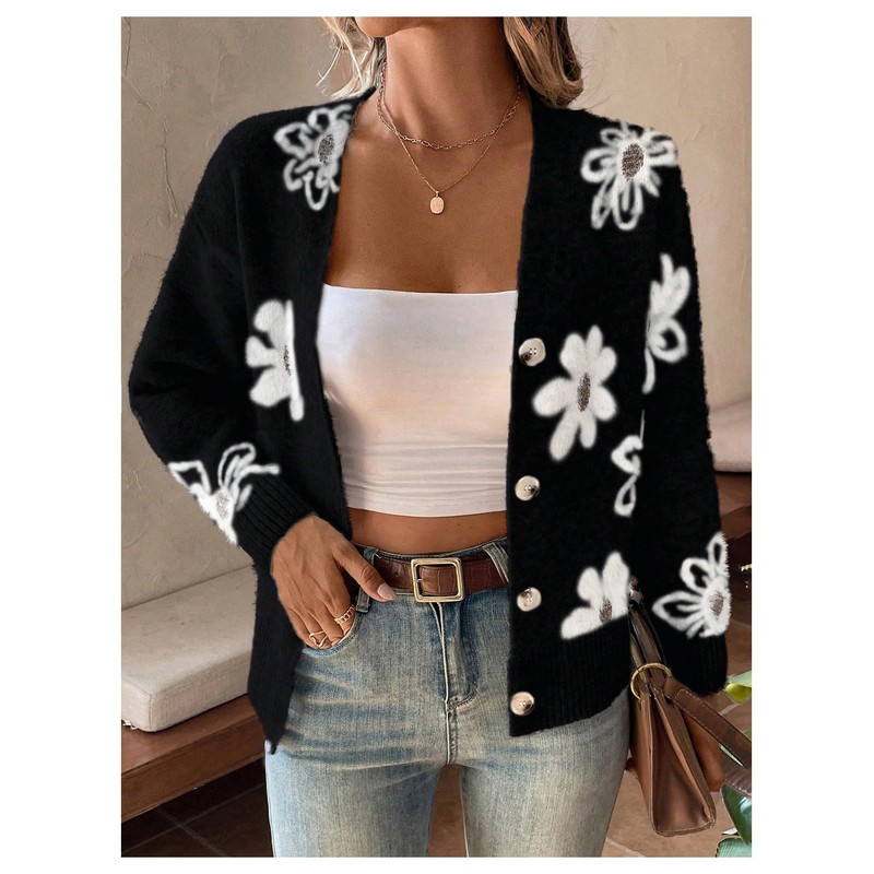 SHENHE Women's Floral Cardigan Sweater Open Front Long Sleeve Button