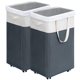 Goodpick Laundry Baskets 2-Pack, 75L Hamper with Wheels, Foldable Laundry Baskets with Removable Wash Bags, Rolling Laundry Hamper for Corner Dorm, Slim Laundry Basket, Grey&White