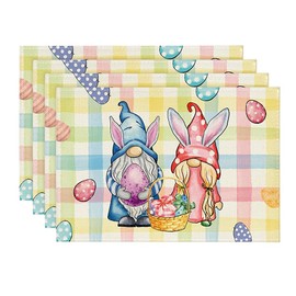 Artoid Mode Pink Green Buffalo Plaid Bunny Gnomes Eggs Easter Placemats Set of 4, 12x18 Inch Seasonal Table Mats for Party Kitchen Dining Decoration