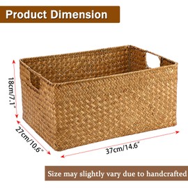 Hipiwe Seagrass Storage Baskets Bin for Shelf Handwoven Wicker Baskets Built-in Handles Rectangular Closet Bedroom Organizer Box Multipurpose Woven Basket Bins Home Organizer,Caramel Color