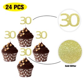 Sumerk 24PCS 30 Cupcake toppers Gold Glitter 30th Birthday Cupcake Picks Anniversary Party Decorations