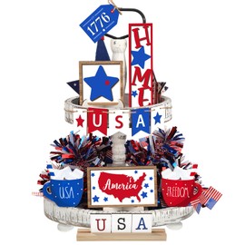 12 Pcs 4th of July Tiered Tray Decor Labor Day Decoration Patriotic Wood Decor Farmhouse Red White Blue Decoration for Independence Memorial Day Table Home Decor