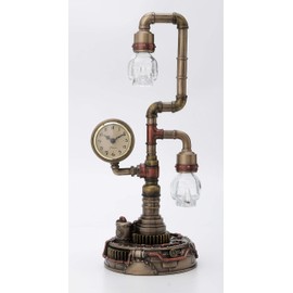 Veronese Design 14.75 Inch Steampunk Pipework Clock Stand Lamp Light Crystal Skull Bulb LED Lighting Antique Bronze Finish Sculpture