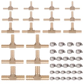 KOOTANS 18PCS Brass Hose Barb Fittings Barb Tee T-Fitting 3 Way Union Kit 1/8″ 3/16" 1/4" 5/16" 3/8" 1/2" Barbed Air Hose Fittings with 30pcs Pipe Clamps for Water Fuel Air Line Connector Fitting