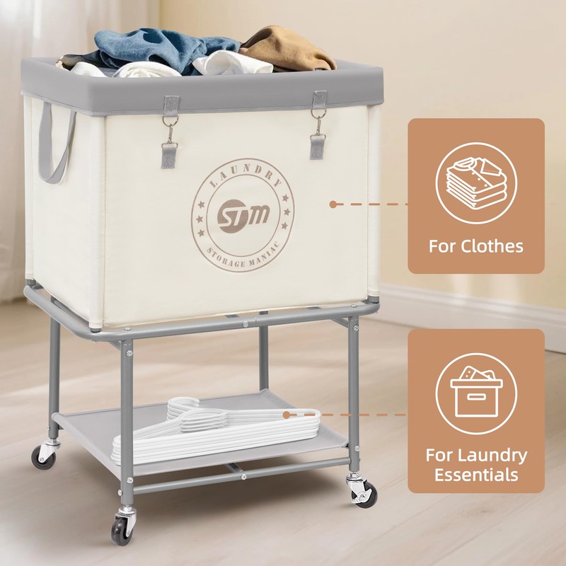 STORAGE MANIAC Rolling Laundry Cart with Storage Shelf, Heavy Duty
