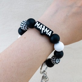 ICHRATI Mama Keychain Wristlet Silicone Beaded Bracelet Key Chain Bracelet for Women Holder Car Keyring Accessories with Tassel Black Checkered Charm Cool Mothers Day Gifts for New Mom