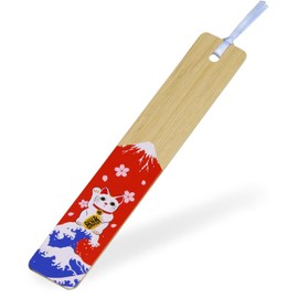 Morikuru TK01-10 Bamboo Bookmark, Print Processing, Length 5.9 inches (15 cm), Wooden SG Wonder Zone Pattern (Maneki Neko / Red Fuji)