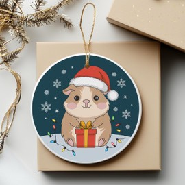 3" Round Ceramic Christmas Ornament, Cute Guinea Pig Round Ceramic Ornament, Santa Hat, Snowflakes, Christmas Lights, and Gift Box Design