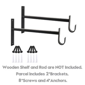 AddGrace Closet Rod Bracket Heavy Duty Shelf Brackets 6 Inch Black Wall Mounted Closet Rod Support with Pole Holder Industrial Iron Shelving Supports with Hook (2 Pack)