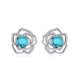 POPLYKE Turquoise Rose Flower Earrings for Women Sterling Silver Turquoise Stud Earrings Rose Flower Jewellery Gift for Women (Turquoise), Sterling Silver, No Gemstone