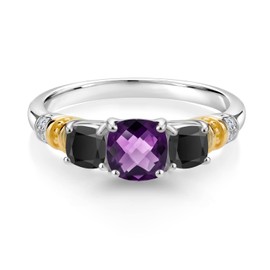 Gem Stone King 925 Silver and 10K Yellow Gold Purple Amethyst and Black Onyx and Diamond 3-Stone Ring For Women (1.29 Cttw, Gemstone February Birthstone, Cushion Checkerboard 6MM and 4MM, Size 9)