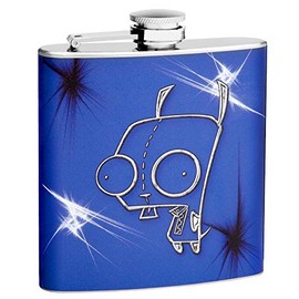 Hip Flask Holding 6 oz - Zipper Guy Design - Pocket Size, Stainless Steel, Leak Proof, Screw-On Cap - Violet, Black, and White Wrapped Vinyl Finish - Black Gift Box Included