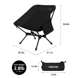 TOBTOS Ultralight Camping Chair, Portable Folding Backpacking Chair, Compact Camping Chair with Carry Bag for Outdoor Camp Hiking Backpack Beach Travel (Black)