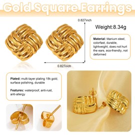 Chunky Gold Square Earrings for Women Trendy Stuff Square Knot Earrings Geometry Statement Stud Earrings Fashion Jewelry Gift Stocking Stuffers