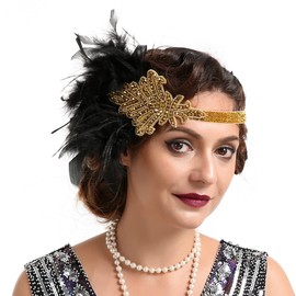 Bubbmi 1920s Flapper Headband, Turkey Feather Headpiece with Rhinestone, Gold Great Gatsby Headband Costume Hair Accessories for Women Sequined Showgirl Parties (BQ017black-gold)