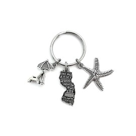 New Jersey beach theme custom keychain. Includes State of New Jersey and choice of beach themed charms including Starfish, Shell, Tropical Fish, Ship Wheel, Anchor, etc.