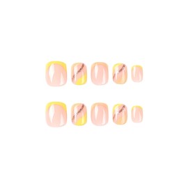 French False Nails Yellow Glossy Fake Nails Glitter Fake Nails Line Design False Nails Full Cover Short Nails Art for Women and Girls 24 PCS
