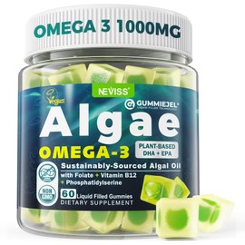 Algae Omega 3 Gummies 1000mg, Plant Based DHA 460mg & EPA 230mg, Omega 3 Fish Oil Alternative for Adults, Plus MethylFolate, Vitamin B12, Phosphatidylserine, No Fishy Taste, Vegan, Sugar Free, 60 Cts
