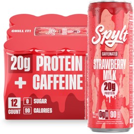 Spylt High Protein Strawberry Milk with 60mg Caffeine & 20g Protein - 90 Calories, Ready to Drink, Sugar Free, Lactose Free Milk, Perfect for Workout Recovery & Afternoon Pick Me Up - 12 Count