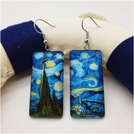 Wixine 2Pair Rectangle Van Gogh Starry Night Landscape Square Circle Van Gogh Starry Night Silver Trendy Glass Earrings