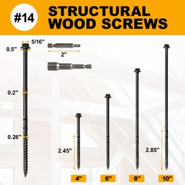 #14 x 4 Wood Structural Screws 300 Pack Hex Head Lag Screws, Rust Resistant Timber Screws for Timber/Log/Landscaping Wood (Black)