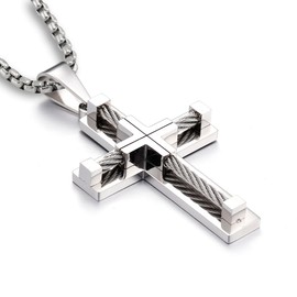 YL Men's Cross Necklace Stainless Steel Crucifix Pendant 22'' Rolo Chain 18K White Gold Jewelry