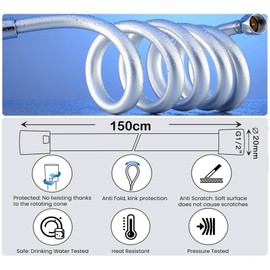 RUIXUE® 1.5 m Plastic Shower Hose, Flexible, with Kink Protection and Easy to Clean Surface, G ½ Inch Connection. (Silver PVC, 1.50 m)