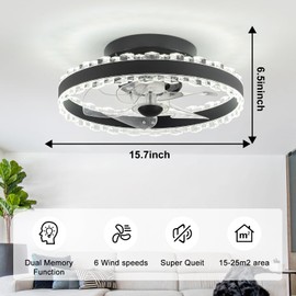 Soulfu 15.7" Low-Profile Ceiling Fan with Light and Remote - Bladeless Bedroom Fan, Stepless Dimmable, 6 Wind Speeds, Modern Style for Small Rooms