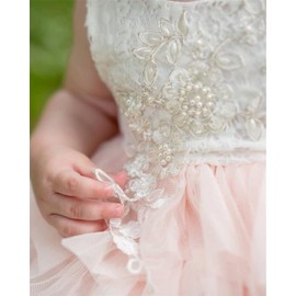 2Bunnies Girl Beaded Peony Lace Back A-Line Tiered Tutu Tulle Flower Girl Dress (Pink Sleeveless Short, 2T)