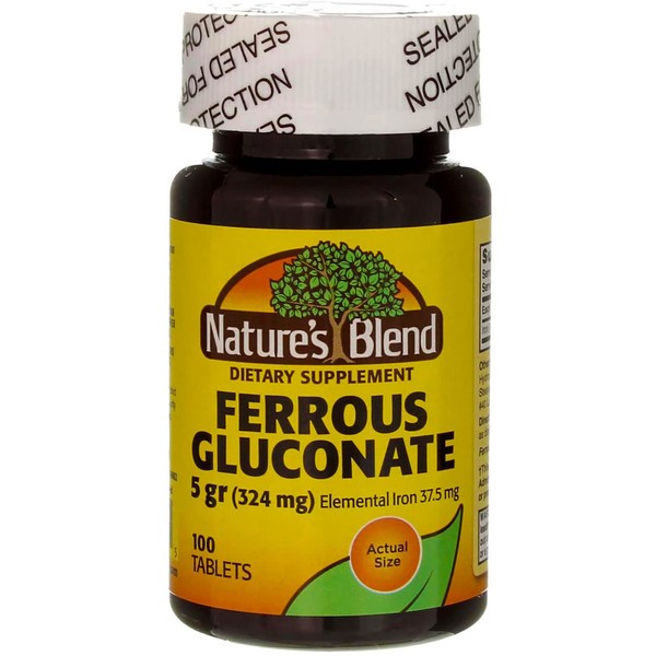 Nature's Blend Ferrous Gluconate Tablets 324 mg, 100 Count, Gluten Free, Bone Strength