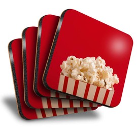 Destination Vinyl ltd Great Coasters (Set of 4) Square - Red Popcorn Box Cinema Drink Glossy Coasters/Tabletop Protection for Any Table Type #24474