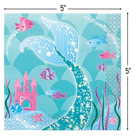 Mermaid Design Beverage Napkins (Pack of 16) - Enchanting Designs Perfect for Under-the-Sea Themed Parties & Celebrations