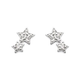 DEW Sparkling Shooting Twin Star Stud Earrings – Sterling Silver, Pavé Cubic Zirconia, Celestial Style, Gift Idea