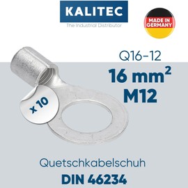 Pack of 10 Kalitec Q16-12 Crimping Cable Lug 16 mm² M12 I Uninsulated I Mandrel Pressing I For Multi-, Fine- and Fine-Strand Conductors I Cable Lug 16 mm² According to DIN 46234